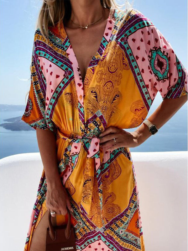 Beach Vacation Geometric Belted Wrap Maxi Dress Maxi dresses