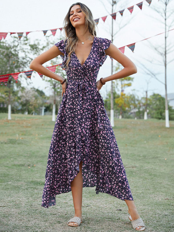 Floral V-Neck High-Low Wrap Midi Dress Maxi dress