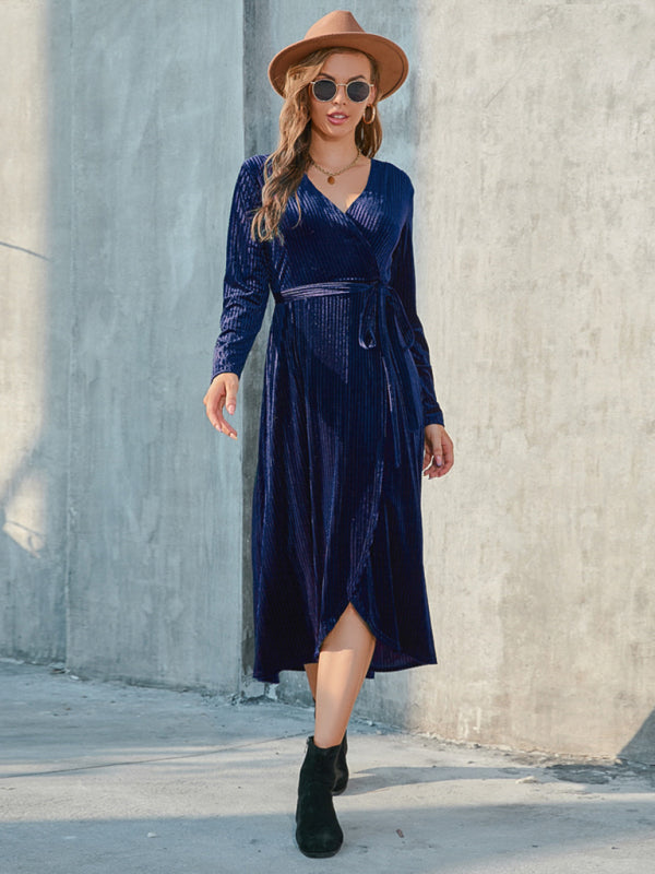 Velvet Wrap Midi Dress with Long Sleeve for Special Occasions