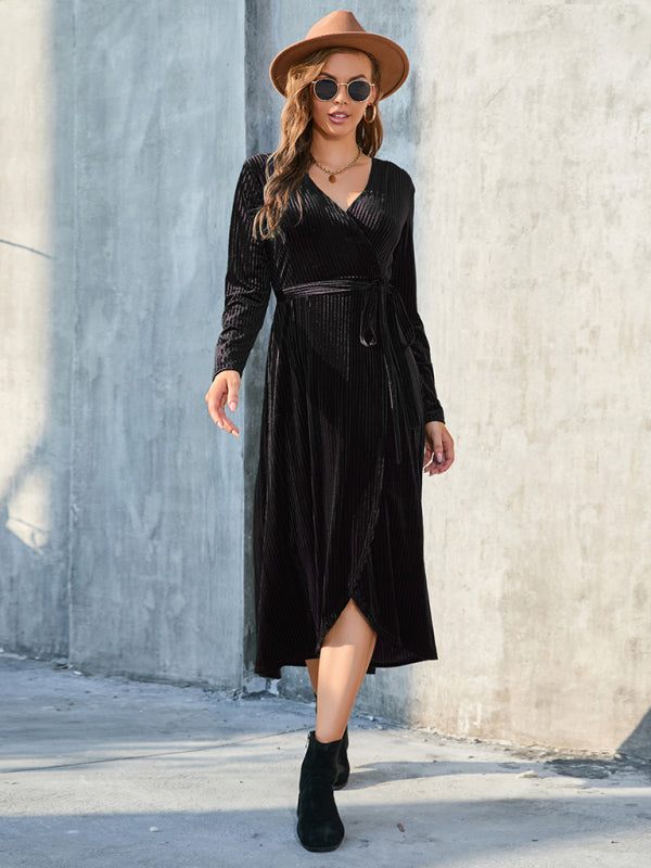 Velvet Wrap Midi Dress with Long Sleeve for Special Occasions