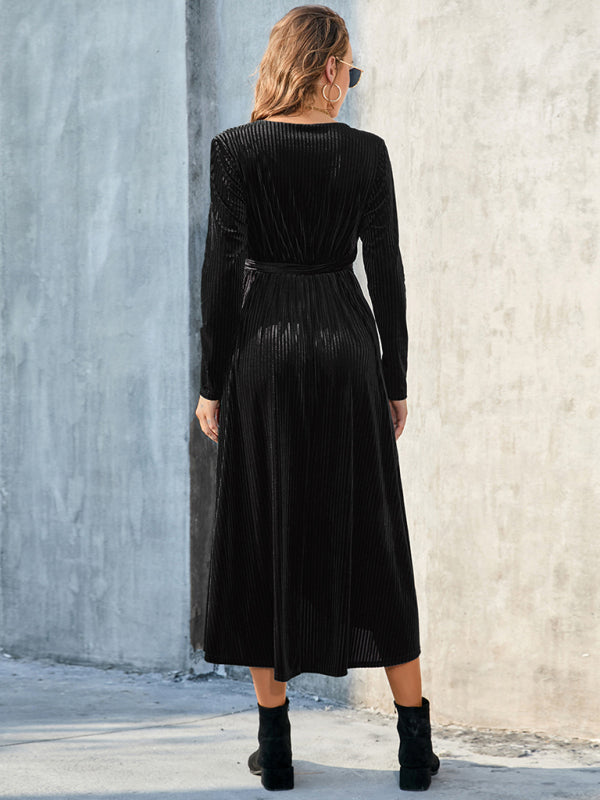 Velvet Wrap Midi Dress with Long Sleeve for Special Occasions