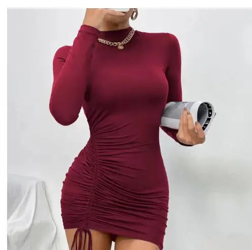 High-Neck Long Sleeves Bodycon Ruched Mini Dress Bodycon Dresses