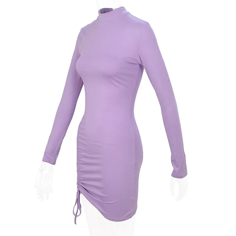 High-Neck Long Sleeves Bodycon Ruched Mini Dress Bodycon Dresses