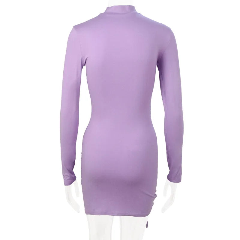 High-Neck Long Sleeves Bodycon Ruched Mini Dress Bodycon Dresses