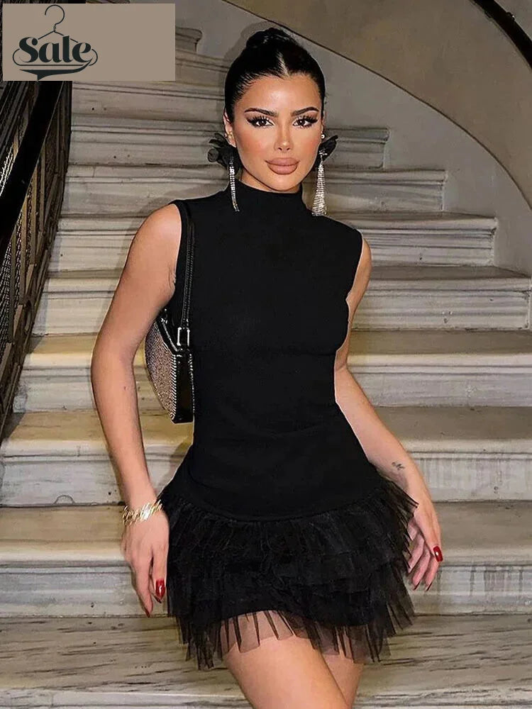 High Neck A-Line Mini Dress with Tulle Skirt Detail