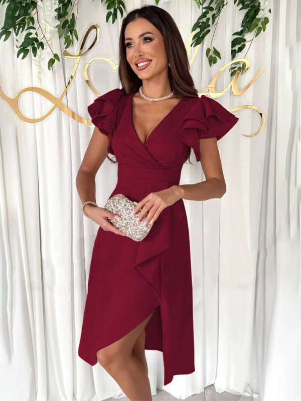 Surplice V-Neck A-Line Cocktail Dress in Flounce Style Elegant