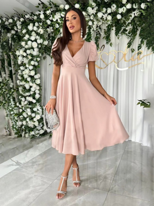 Cocktail Hour Surplice V-Neck Dress with Elegant Puff Sleeves