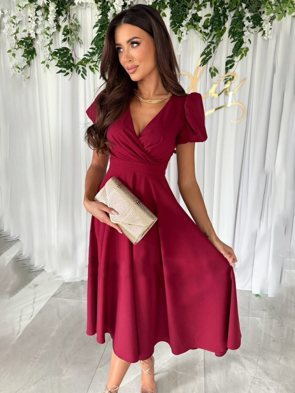 Cocktail Hour Surplice V-Neck Dress with Elegant Puff Sleeves