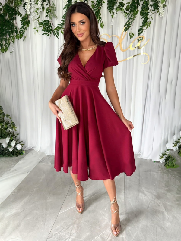 Cocktail Hour Surplice V-Neck Dress with Elegant Puff Sleeves