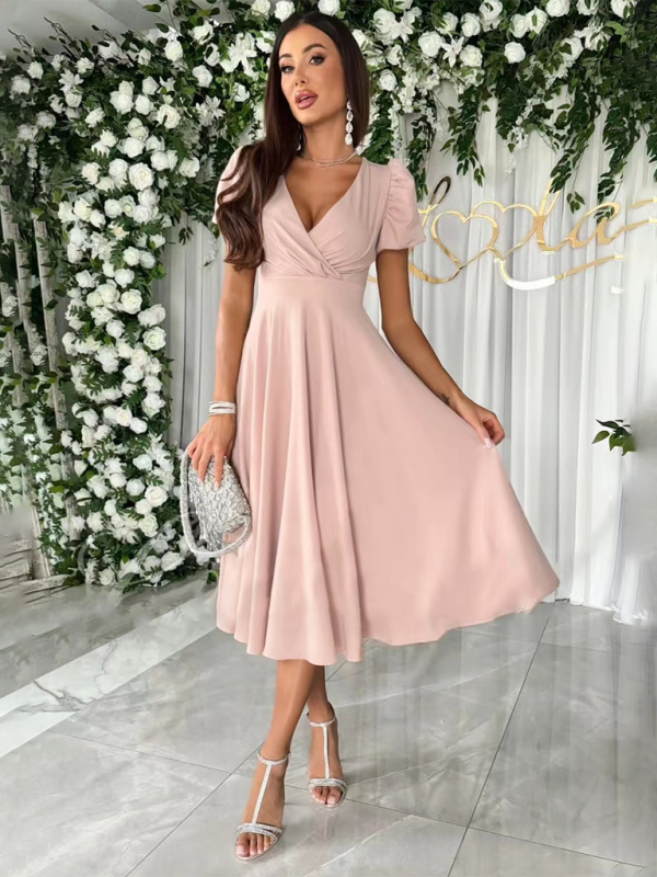 Cocktail Hour Surplice V-Neck Dress with Elegant Puff Sleeves