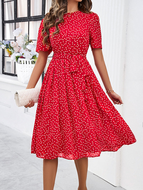 Dressy Polka Dot A-Line Belted Tea Dress Knee-Length Dresses