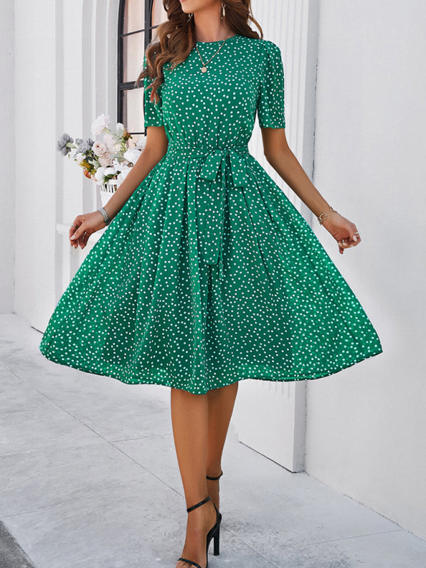 Dressy Polka Dot A-Line Belted Tea Dress Knee-Length Dresses