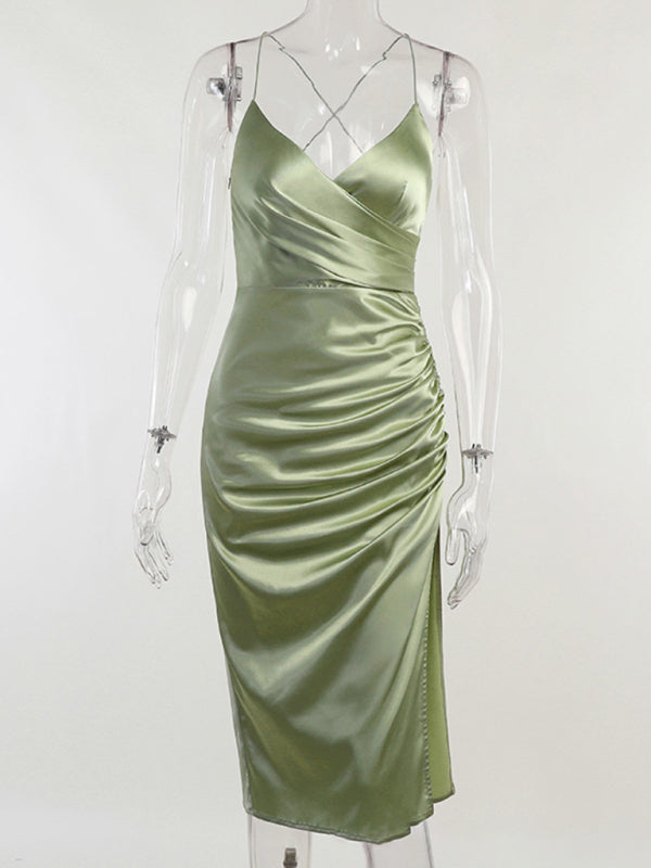 Satin Sleeveless Surplice V-Neck Midi Dress with Ruching Satin