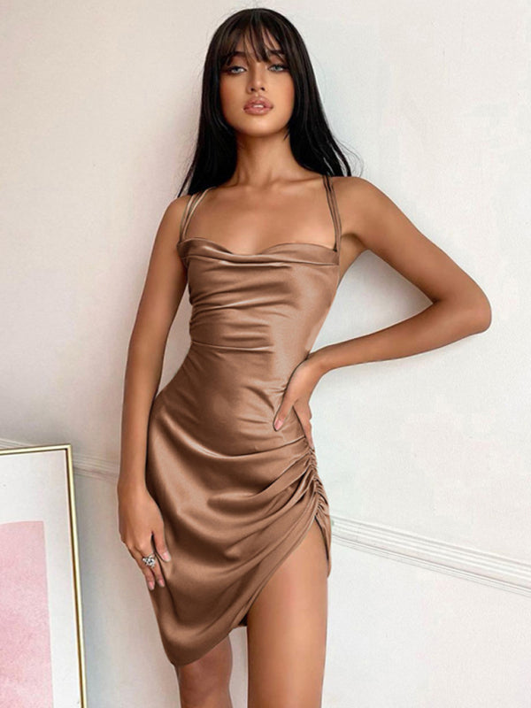 Satin Halter Backless Slip Dress with Ruched Sides Slip Dresses