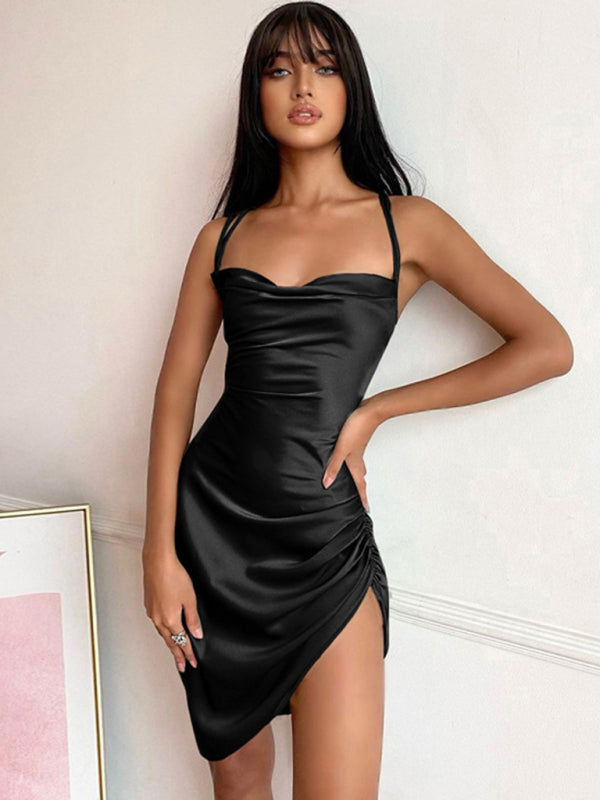 Satin Halter Backless Slip Dress with Ruched Sides Slip Dresses