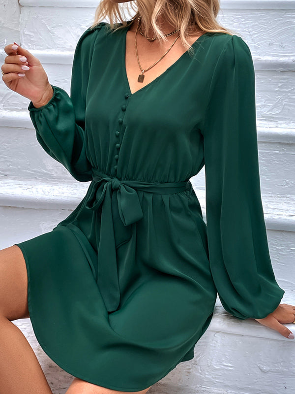 Solid A-Line Long Sleeve Waist Tie Mini Dress Dresses