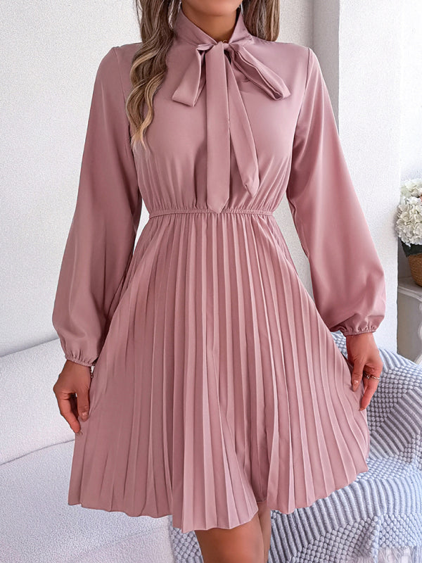 Fall-Winter Solid High Neck Bishop Sleeve Pleated Dress Pleated