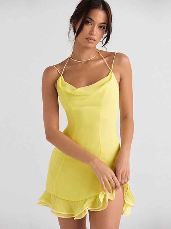 Elegant Cowl Neck Mini Dress with Ruffle Hem Mini Dresses