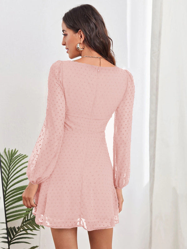 Elegant Swiss Dot A-Line Lantern Sleeve Square Neck Mini Dress