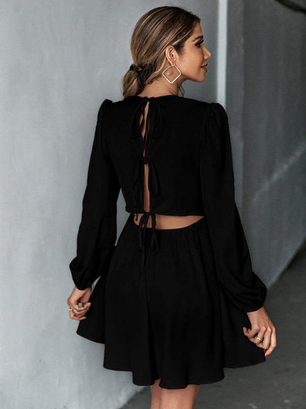 Solid Lace-up Back Mini Dress with Puff Long Sleeve Dresses