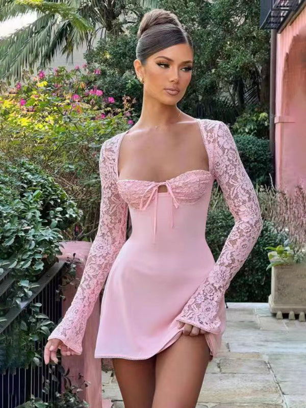 Long Sleeve A-Line Sweetheart Mini Dress with Lace Accents Party