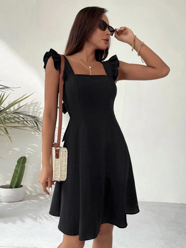 Cocktail Solid Cotton Bow Backless A-Line Square Neck Dress