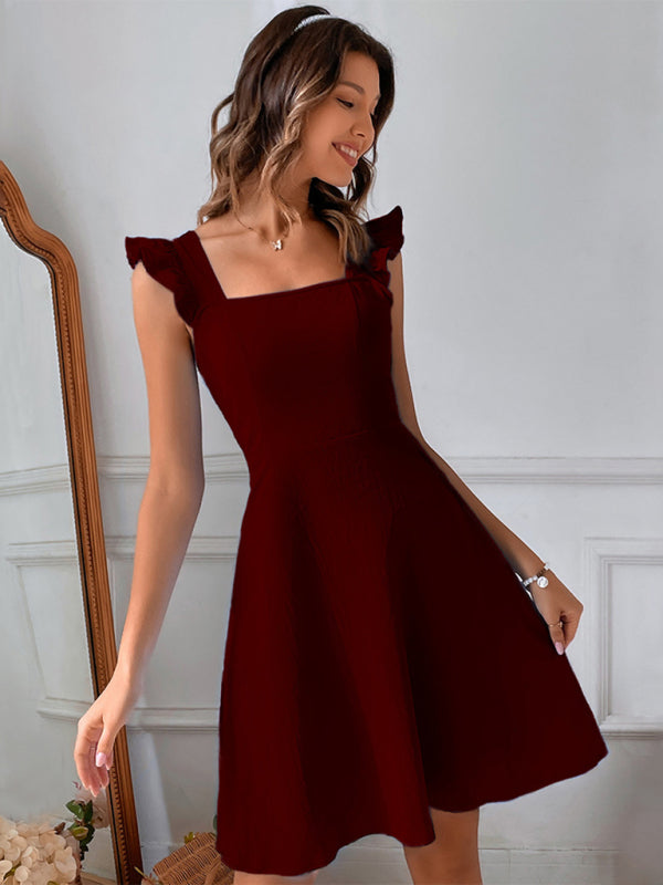 Cocktail Solid Cotton Bow Backless A-Line Square Neck Dress