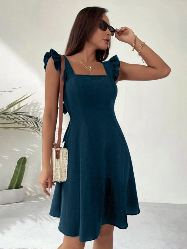 Cocktail Solid Cotton Bow Backless A-Line Square Neck Dress