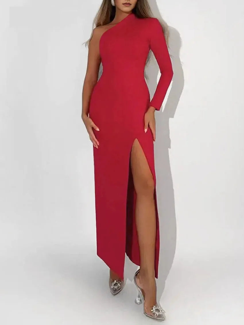 Elegant One-Shoulder Evening Dress with Side Slit Elegant Dresses