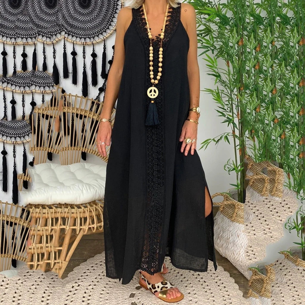 Maxi Dress with V-Neck and Lace Details for Summer Beach Dresses