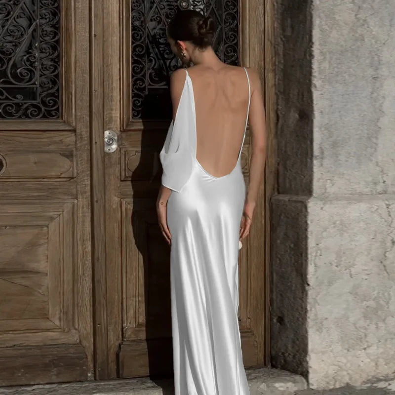 Wedding Day Women's Backless Satin Trumpet Maxi Dress Elegant