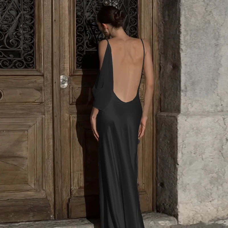 Wedding Day Women's Backless Satin Trumpet Maxi Dress Elegant