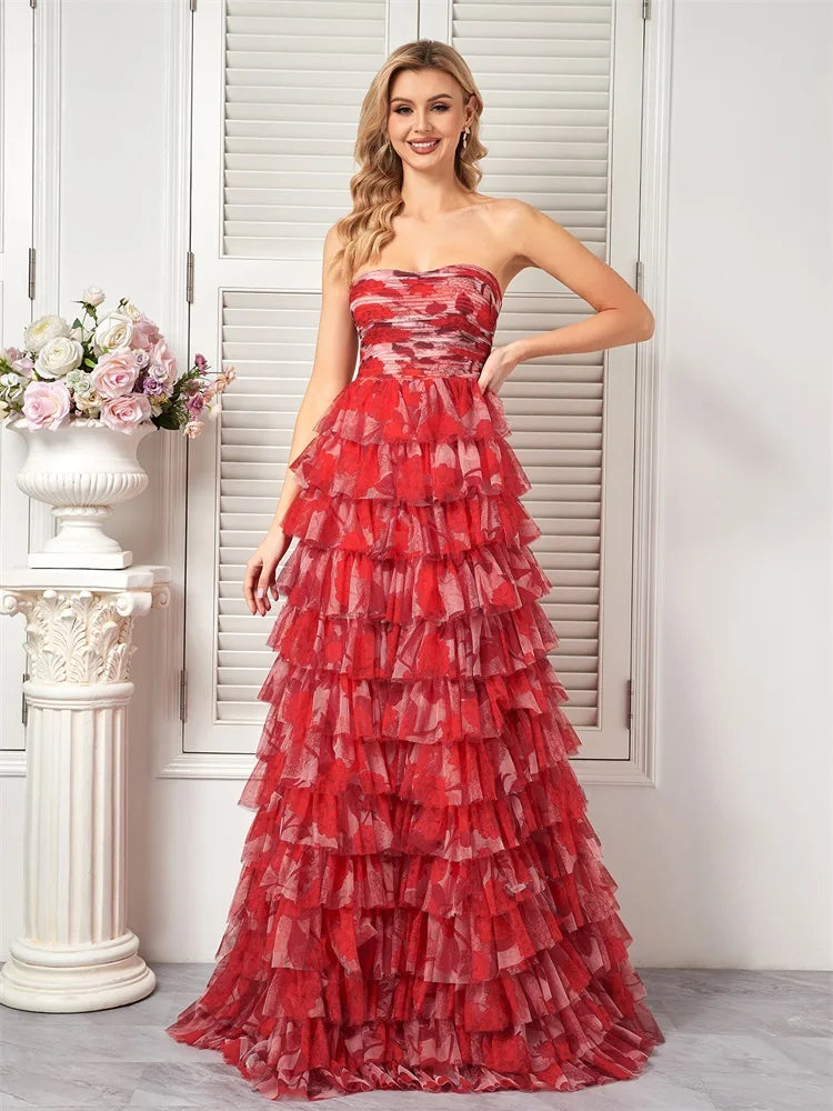 Prom Night Red Floral Tiered Chiffon Dress for Prom Elegant