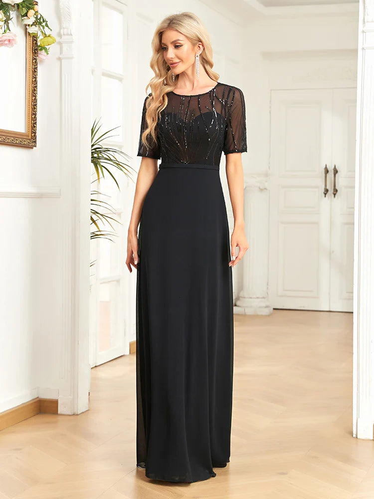 Mesh-Sleeved A-Line Gown - Floor-Length Sequin Dress Elegant