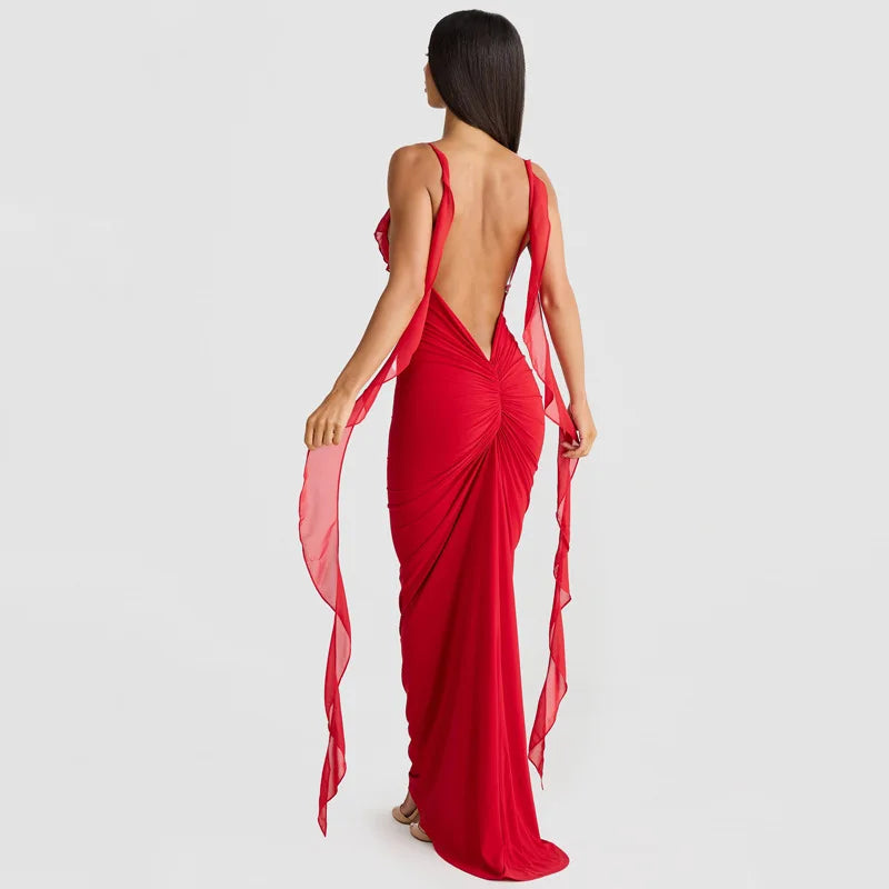 Peach Backless Mermaid Dress Adorned with Flower Details Elegant