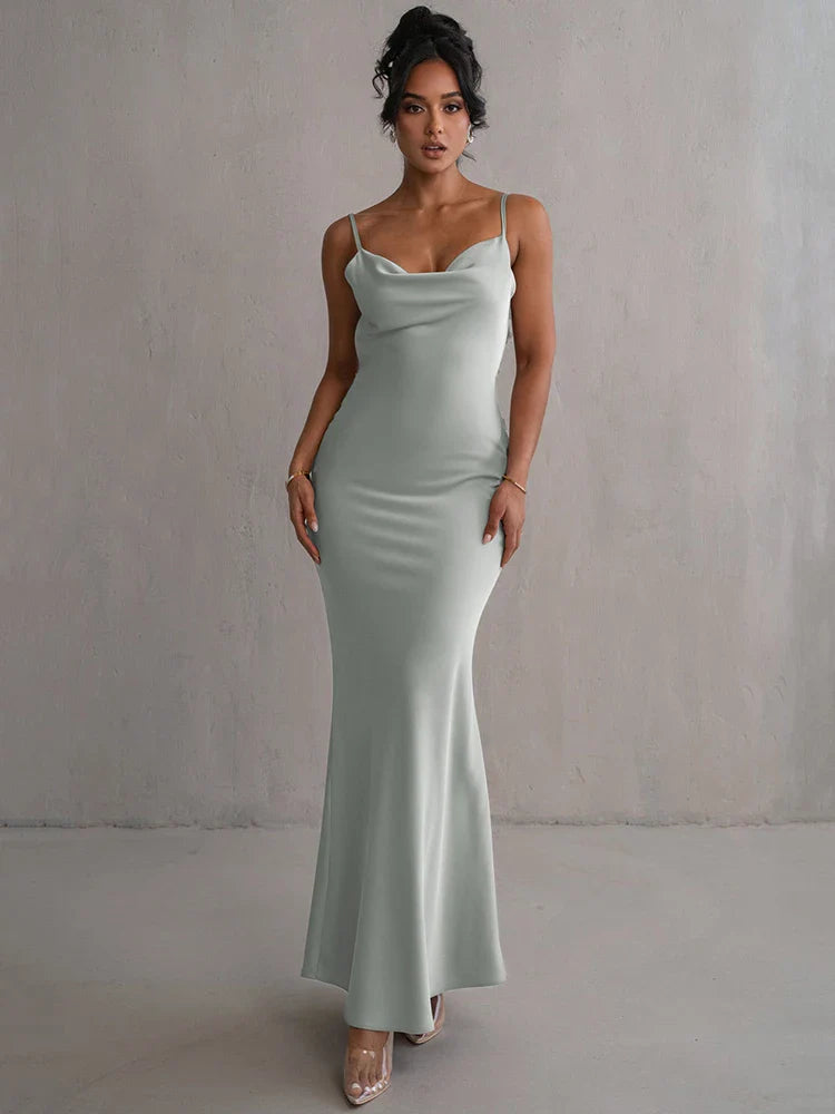 Draped Elegance Women's Cowl Neck Mermaid Dress with Backless