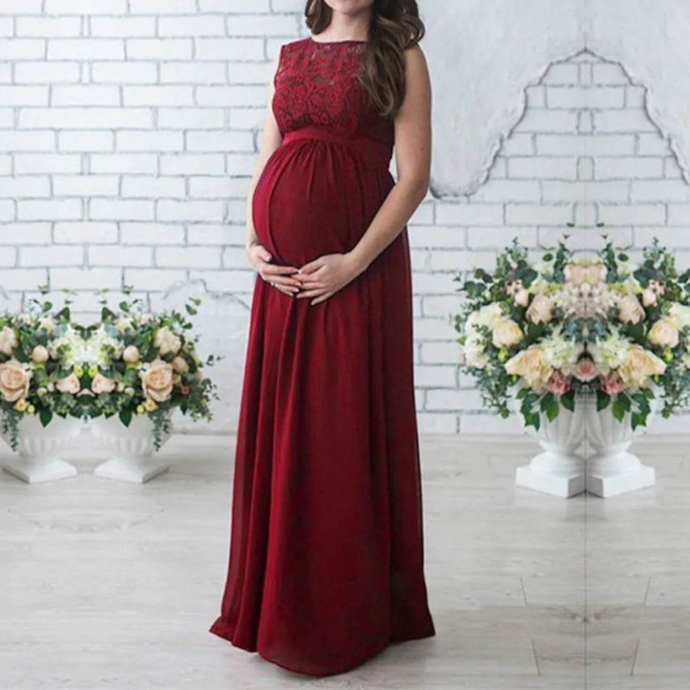 Breathable Maternity Maxi Dress with Lace Detail