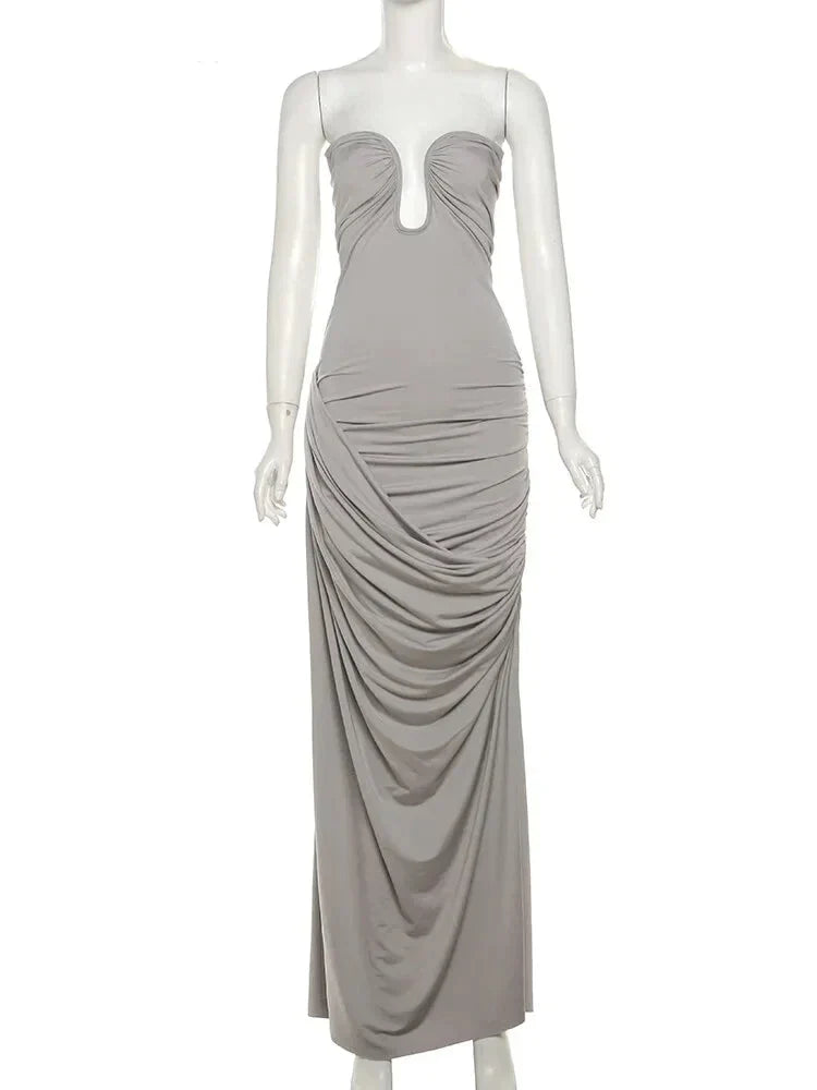 Plunging Tube Maxi Dress with Ruched & Draped Design for Women