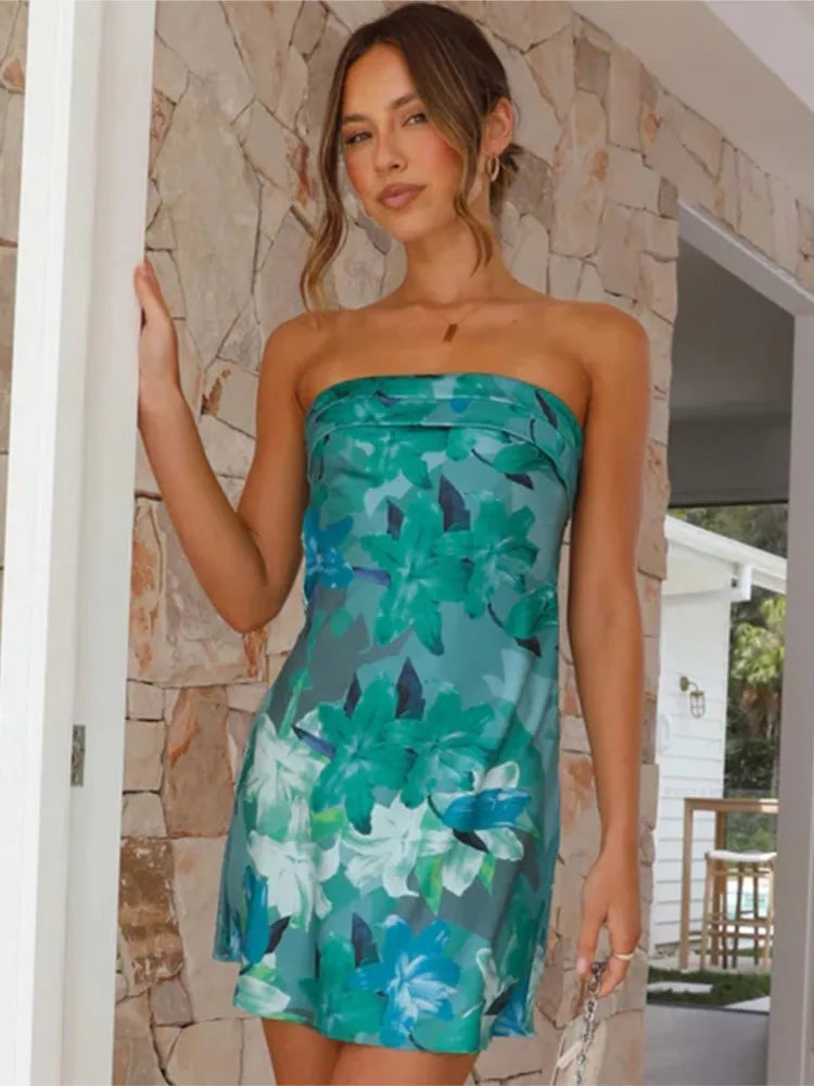 Floral Satin A-Line Tube Dress for Summer Events | Mini Dresses