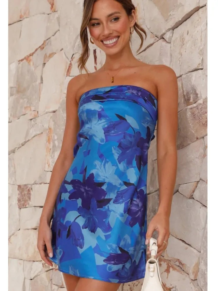 Floral Satin A-Line Tube Dress for Summer Events | Mini Dresses