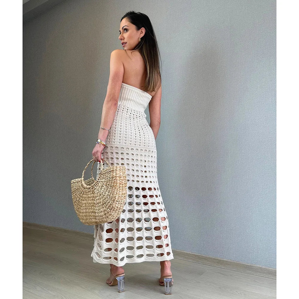 Sexy Strapless Hollow Knit Dress for Beach Parties | Vacation Dresses