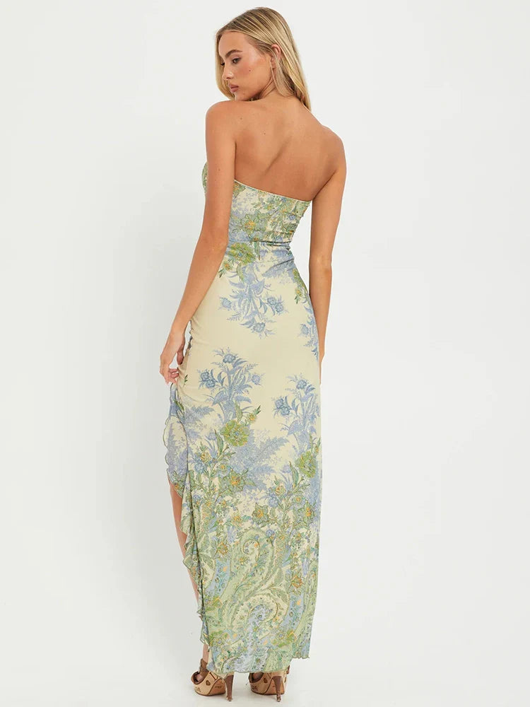 Cocktail Dress for Women - Strapless Botanical Print Midi Dress | Cocktail Dresses