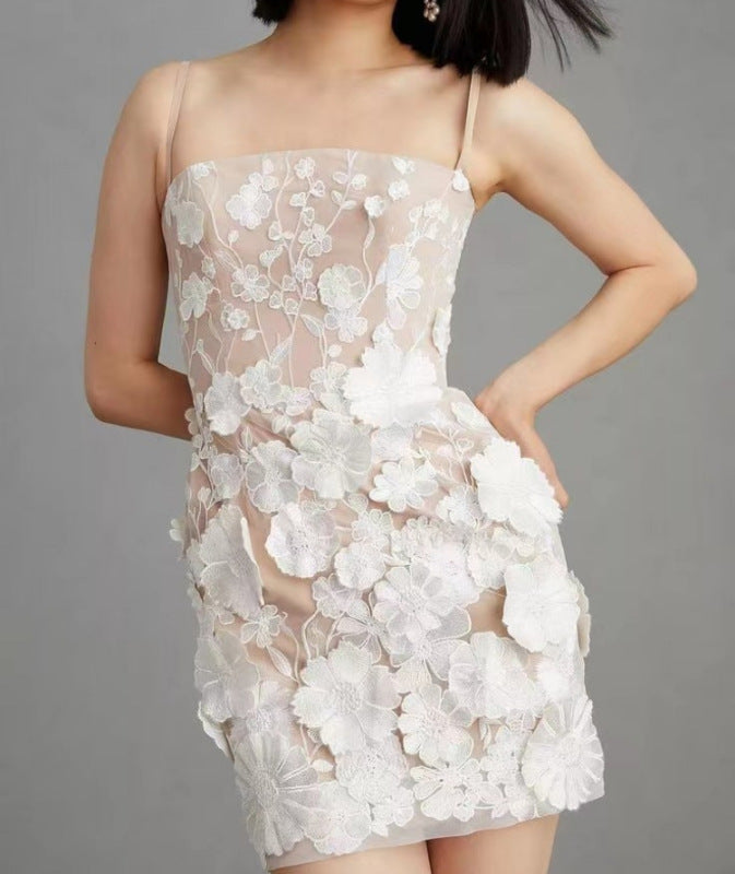 Romantic Floral Appliqué Dress | Sleeveless Sheath, Square Neckline | Floral Applique Dresses