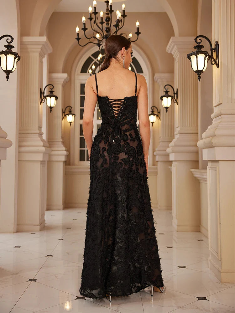 Floral Lace-up Back A-Line Maxi Dress for Special Events | Elegant Dresses