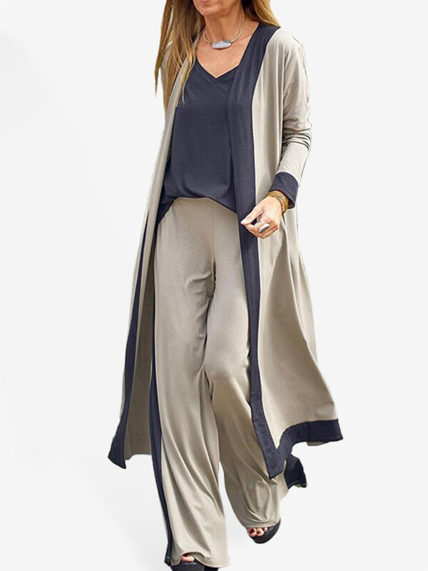 Comfortable 3-Piece Pajama Set - V-Neck Top, Wide-Leg Pants, Robe | Sleepwear & Loungewear