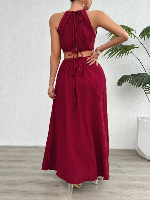 Elegant Women’s Halter Crop Top & Slit Maxi Skirt Cocktail Outfit