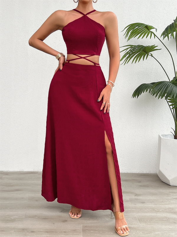 Elegant Women’s Halter Crop Top & Slit Maxi Skirt Cocktail Outfit