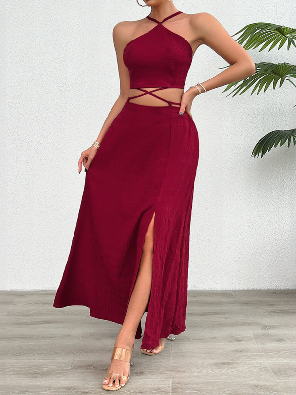 Elegant Women’s Halter Crop Top & Slit Maxi Skirt Cocktail Outfit