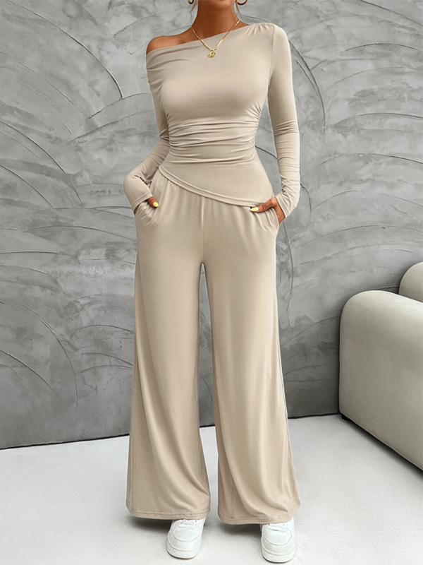 Relaxed Fit Asymmetric Neckline Pants Set for Women