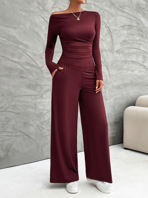 Relaxed Fit Asymmetric Neckline Pants Set for Women | Pants Set